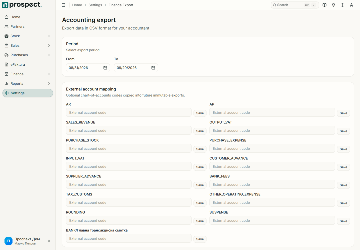 Accounting-export page with period, account mappings, control totals, generated batches, and download actions