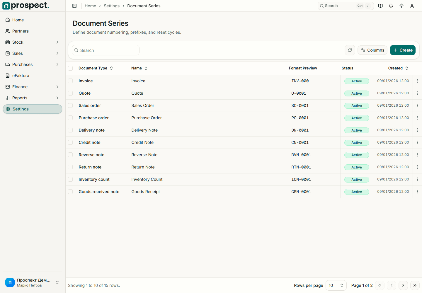 Document-series settings showing type, fiscal year, prefix, next counter, padding, and active status