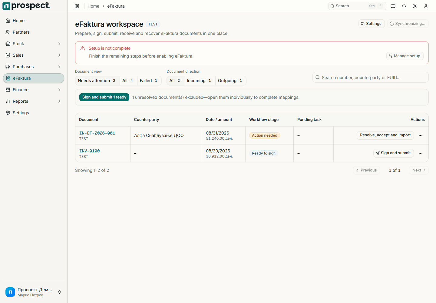 Prospect eFaktura workspace with inbox, outbox, issue counters, filters, and documents