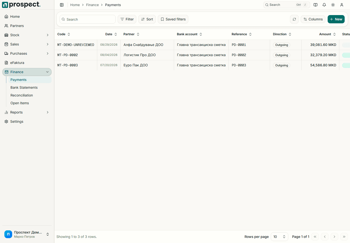 Payment list with direction, partner, amount, allocation, status, date, and reference