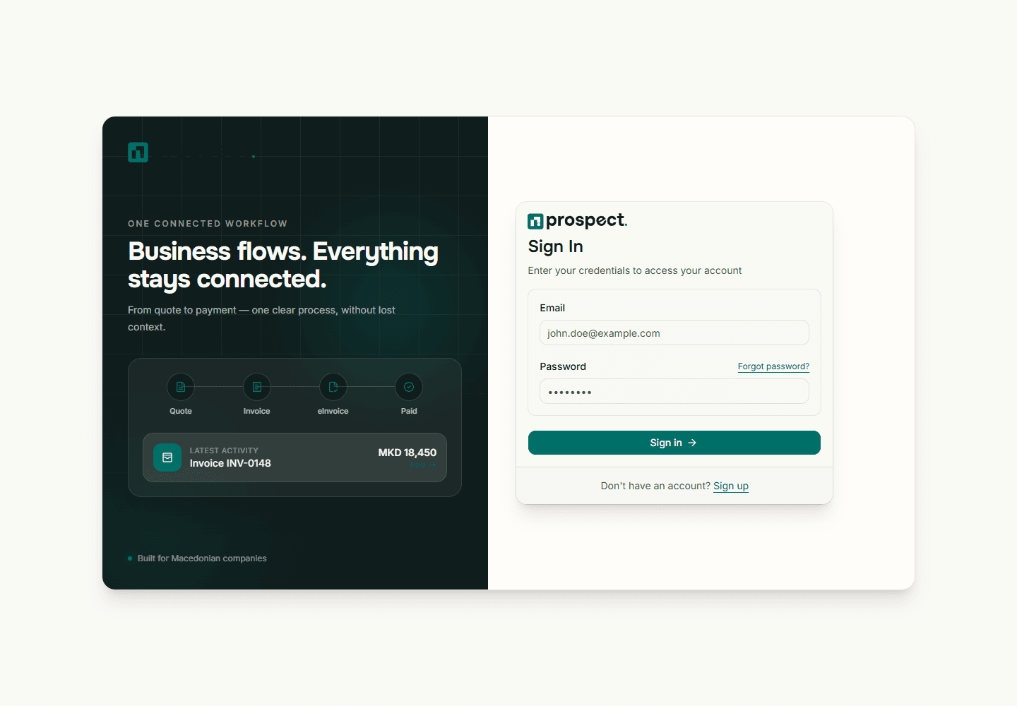 Prospect sign-in page with email and password fields