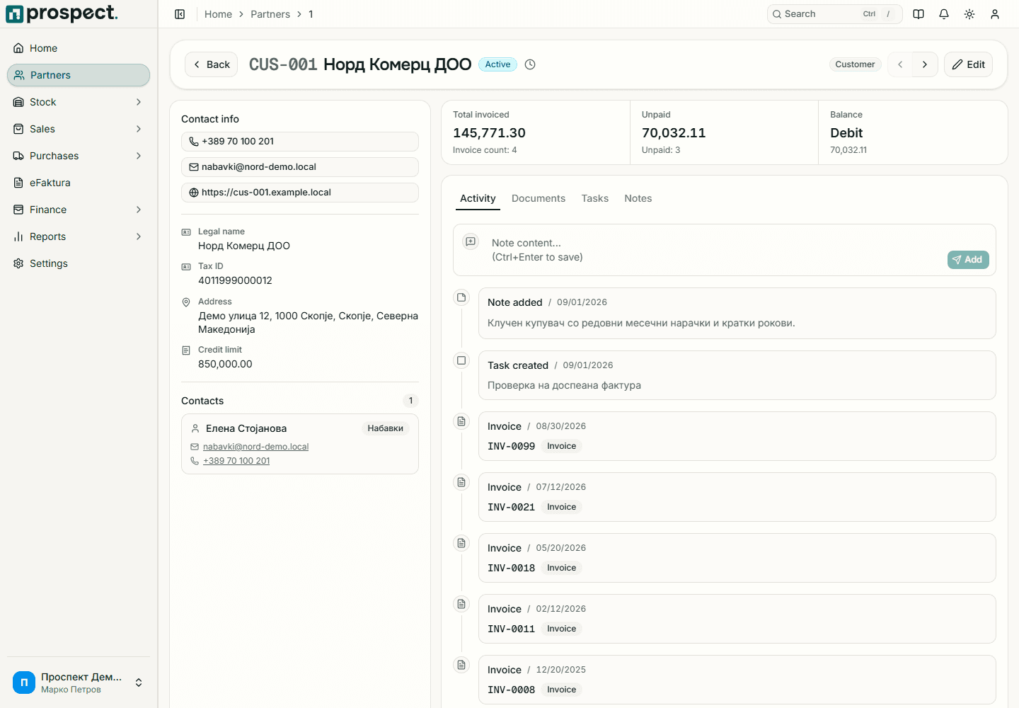 Partner detail with overview, contacts, notes, tasks, balances, documents, and activity