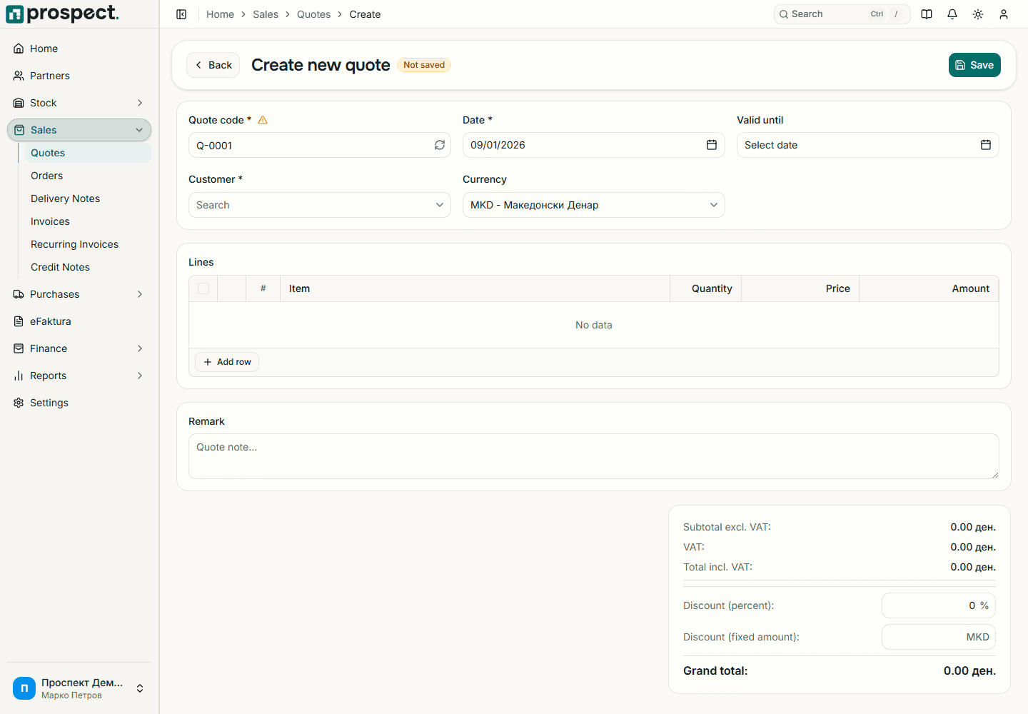 New sales quote form with customer, dates, currency, series, and line items