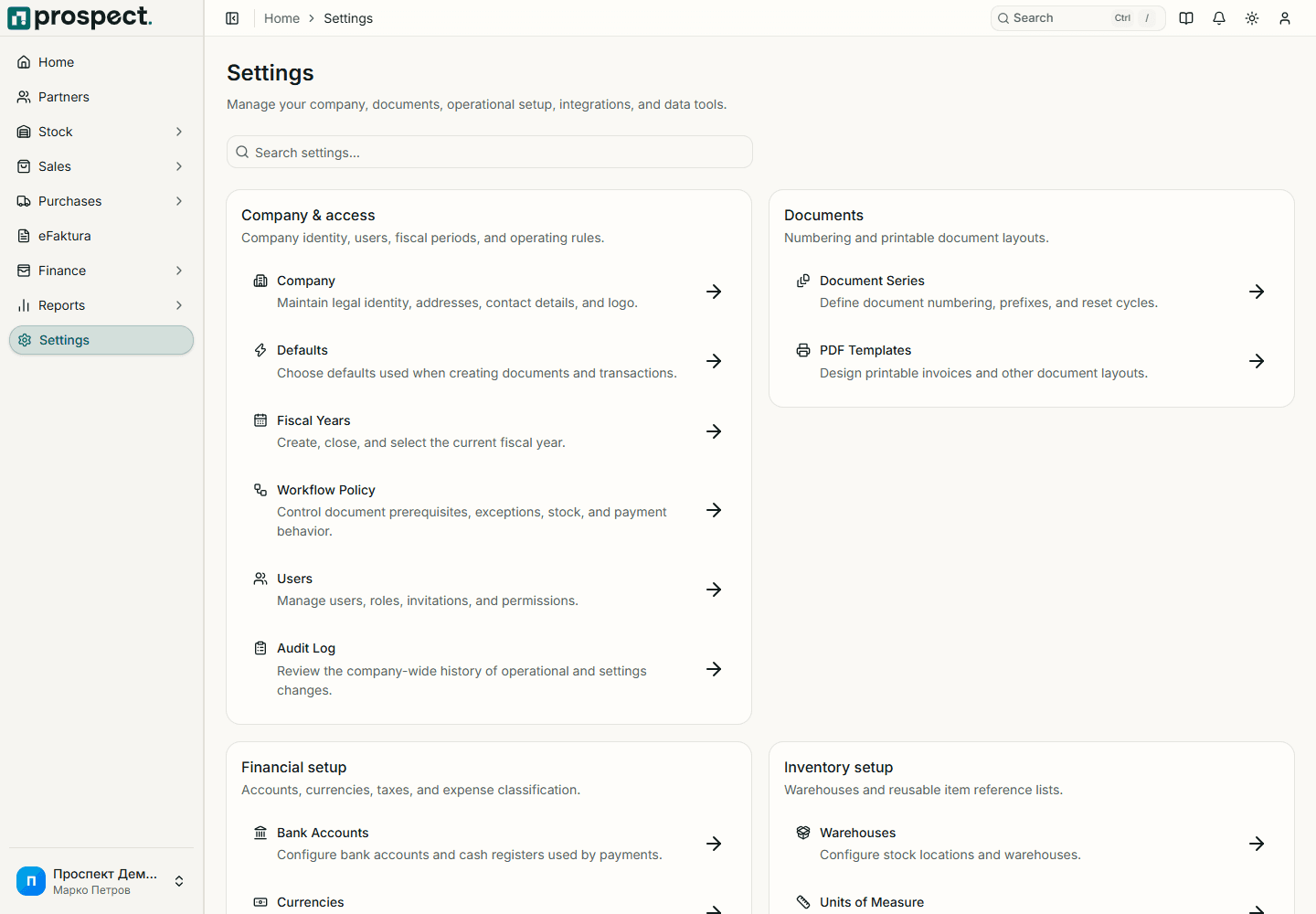 Prospect settings hub grouped into company, documents, finance, inventory, integrations, and data tools