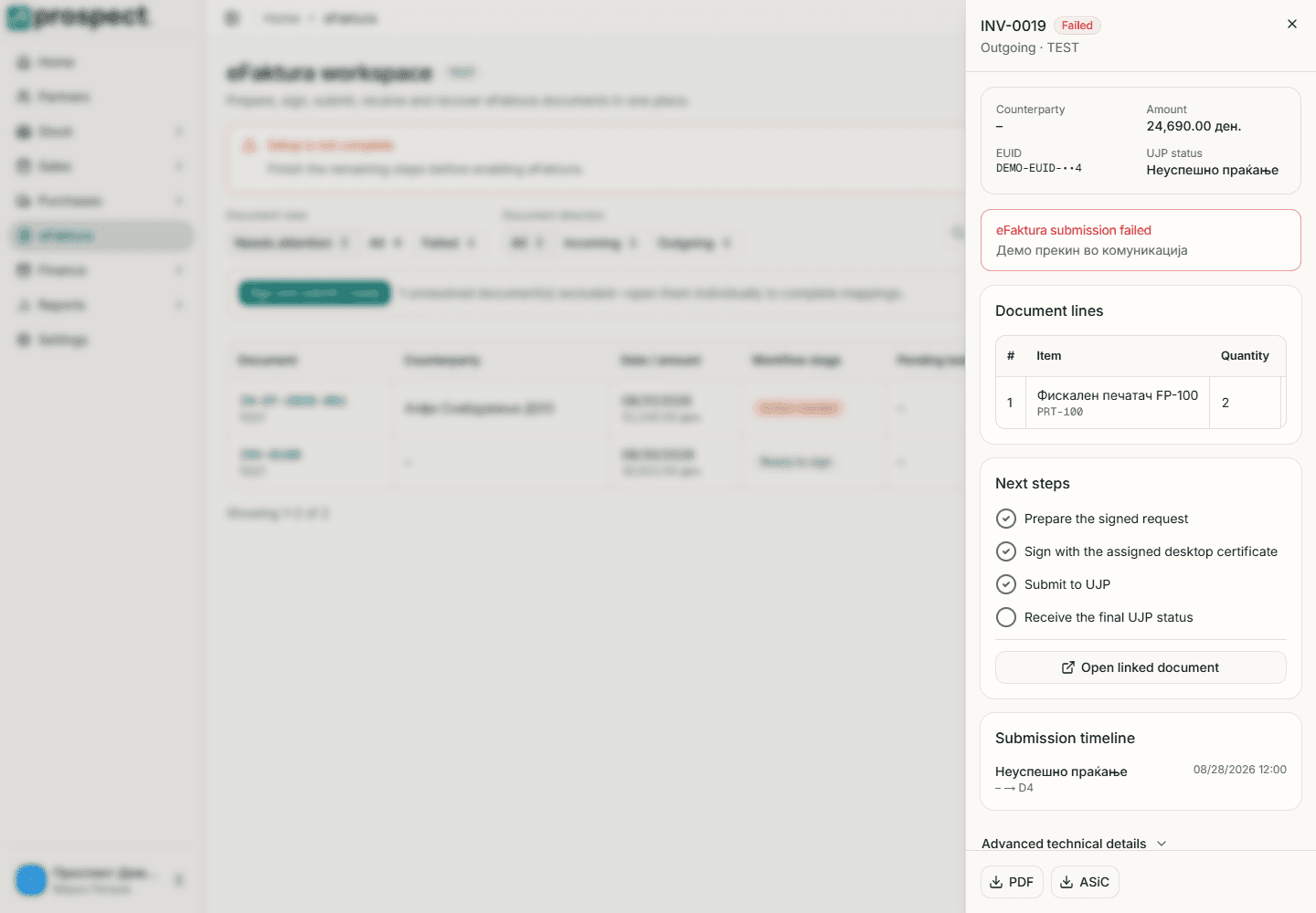 Inbound eFaktura detail with supplier snapshot, status, validation, mappings, decision, and import controls