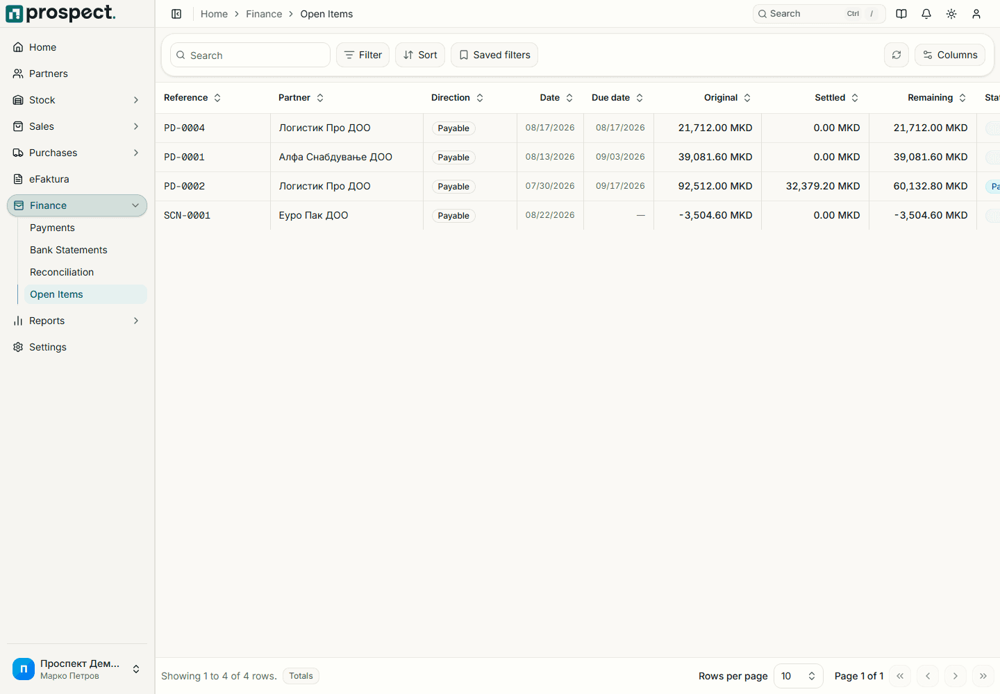 Open-items workspace with receivable and payable balances, statuses, dates, and source links