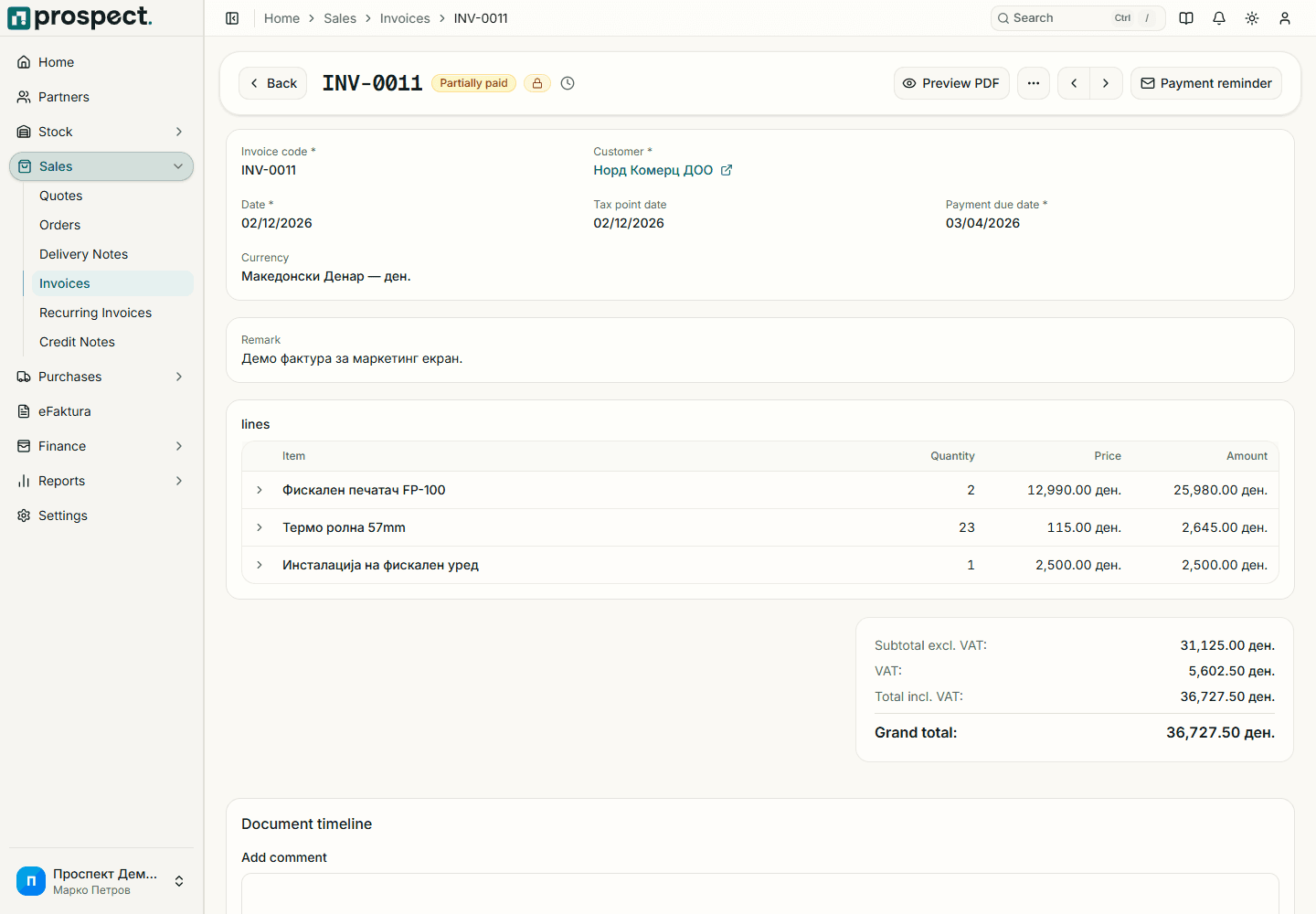 Published Prospect sales invoice with document actions, payment state, and linked records