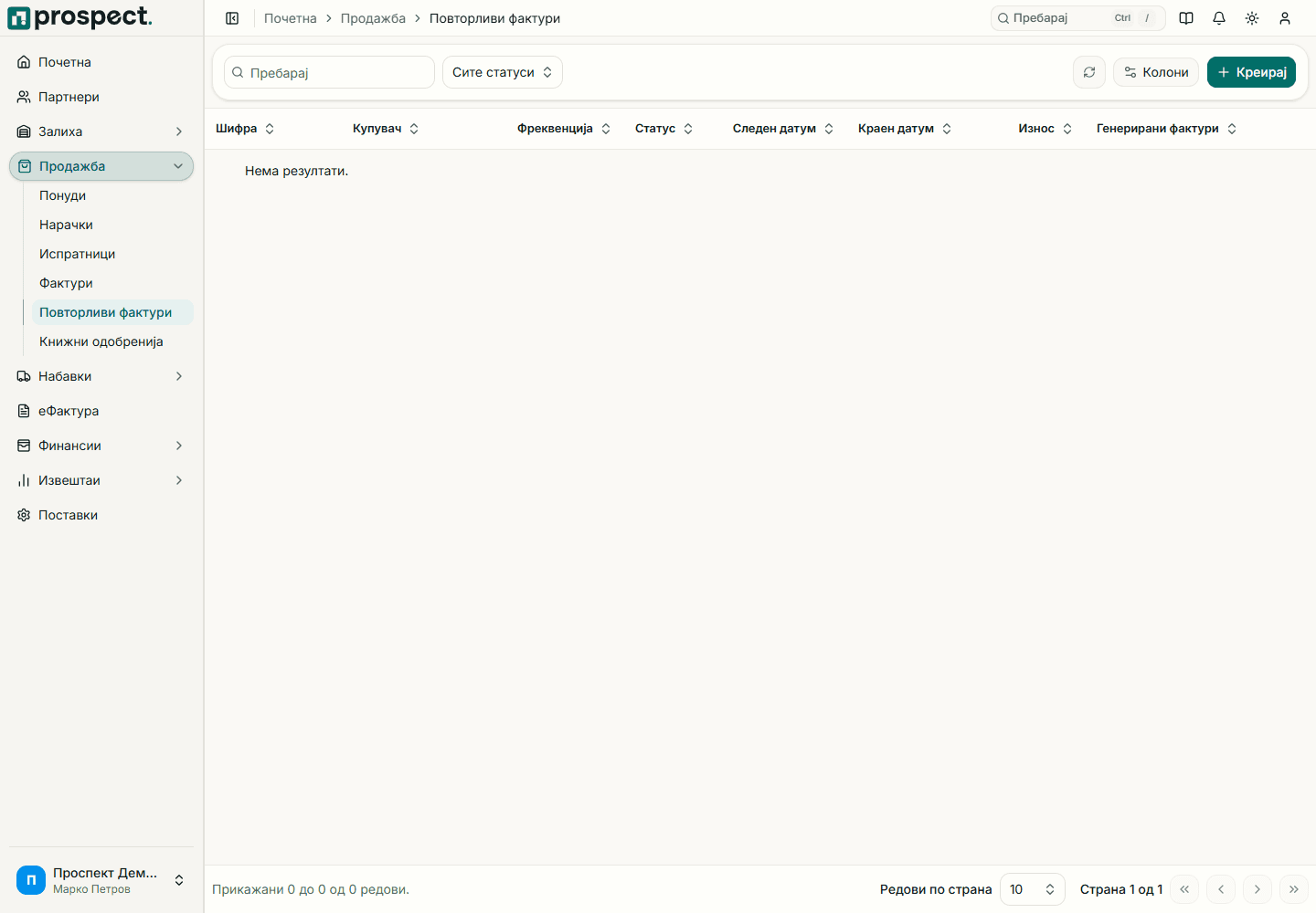 Распореди за повторливи фактури со клиент, зачестеност, следно извршување и активен статус